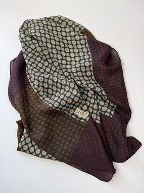 Mixed Pattern Silk Scarf in Burgundy, Brown & Cream